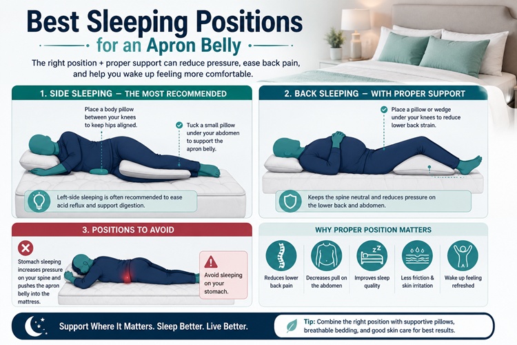 Illustration showing 2-point side sleep method with body pillow and abdominal support for apron belly