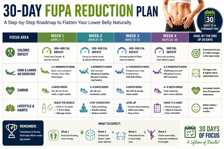 A 30-day step-by-step roadmap table for FUPA reduction including diet and exercise