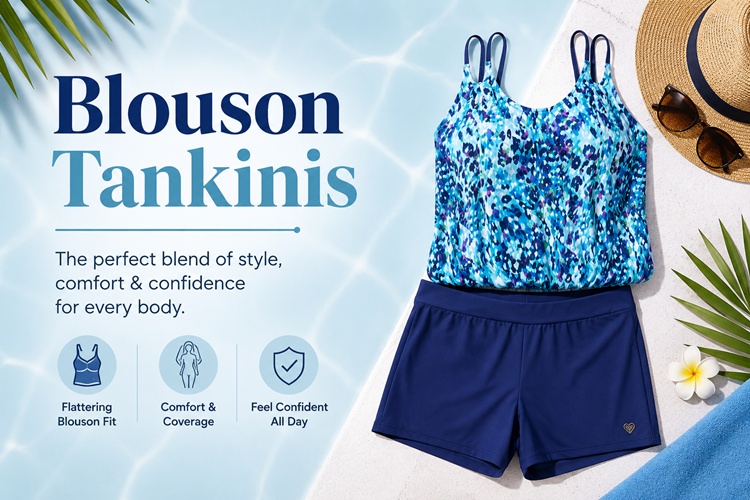 Blouson style tankini top with gathered waist for a flowy, comfortable fit