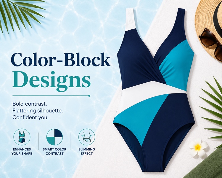 Color-block one-piece swimsuit using dark side panels for an optical slimming effect