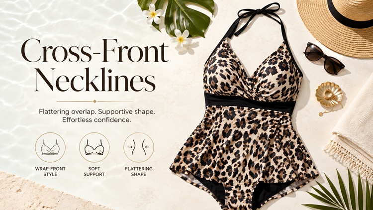 One-piece swimsuit with a secure cross-front neckline to draw focus upward