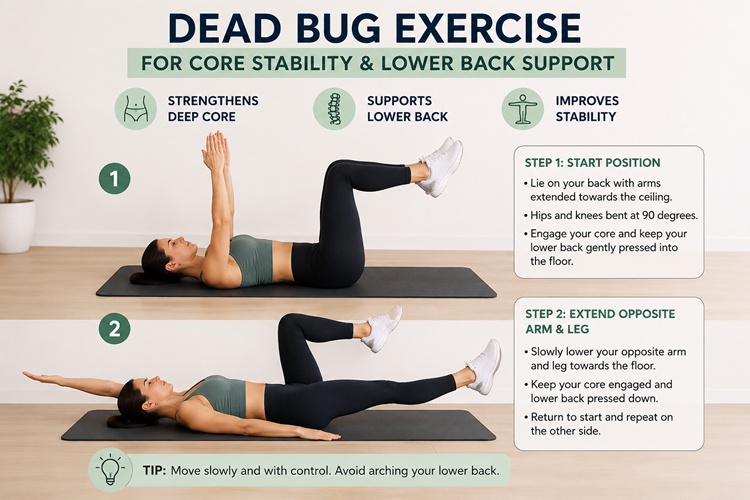 Demonstrating the dead bug exercise for core stability and lower back support.