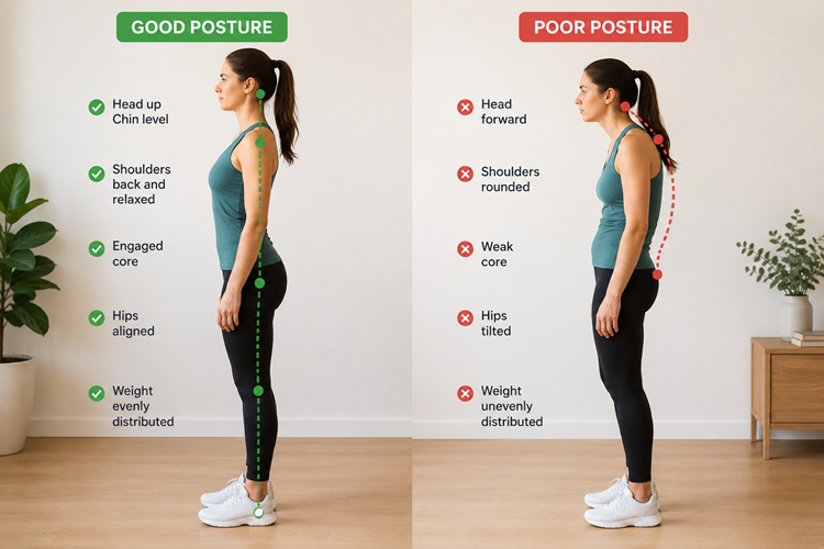 Person practicing good posture while standing tall for core engagement.
