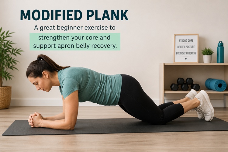 A beginner performing a modified plank for apron belly strengthening.