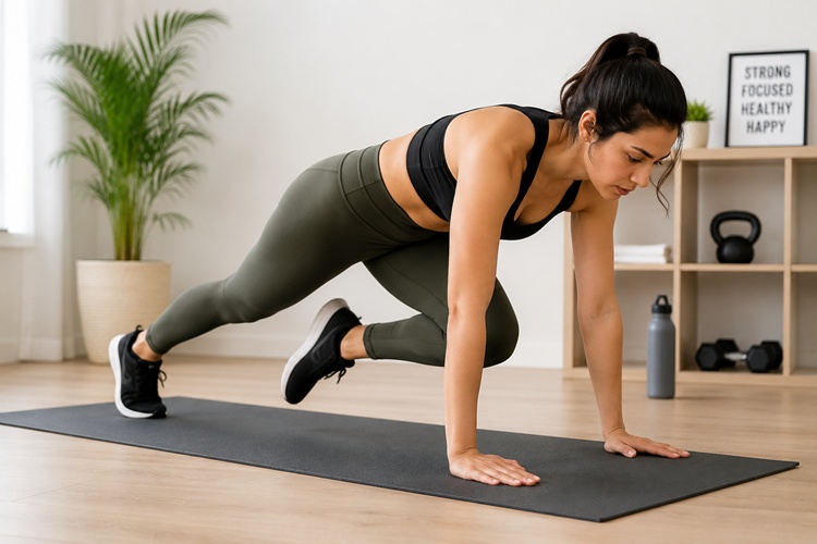 Woman performing mountain climbers for cardio and abdominal fat loss.