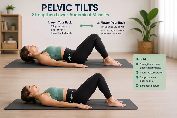 A woman doing pelvic tilts to strengthen lower abdominal muscles.