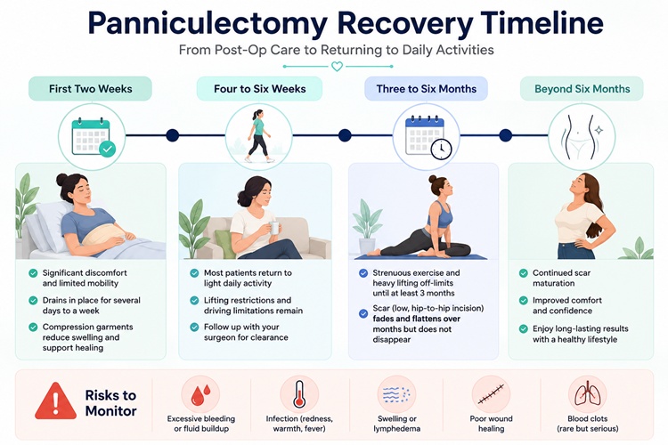 A timeline graphic showing the expected recovery stages from post-op care to returning to daily activities.