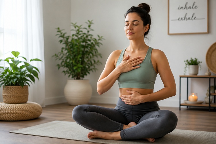 Relaxed woman managing stress to reduce belly fat