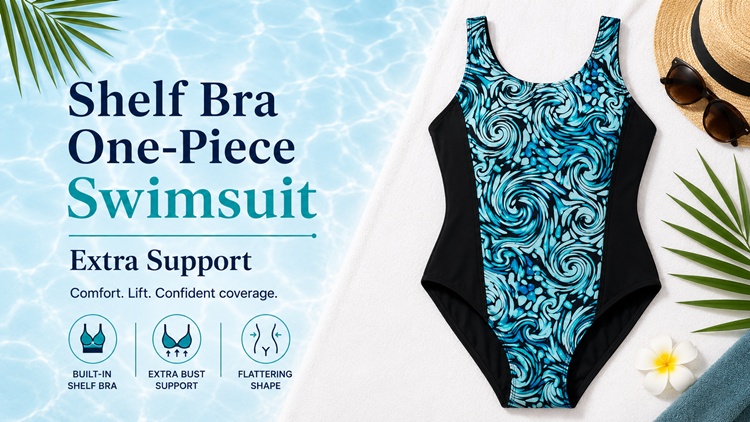 One-piece swimsuit featuring a built-in shelf bra for extra bust support and balanced proportions