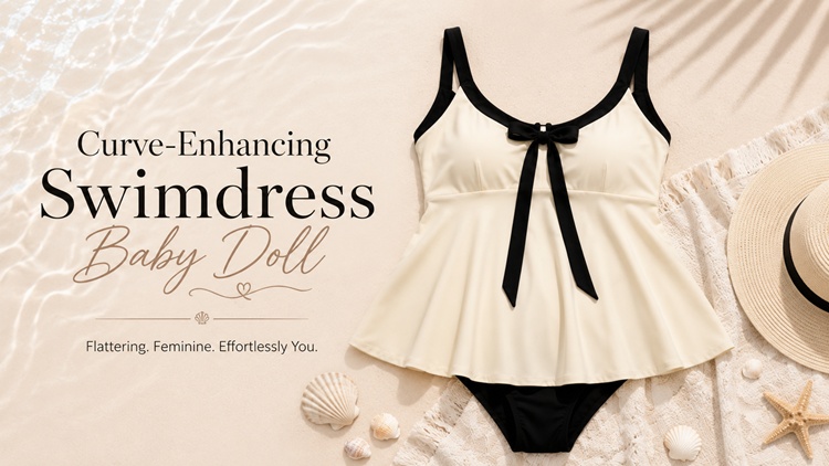 Flowy swim dress with loose-fitting skirt to provide coverage for loose skin