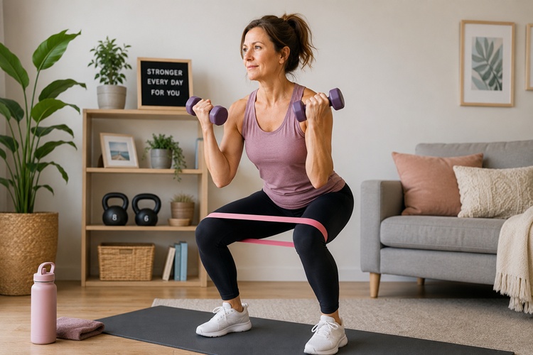 Woman performing strength training exercises with resistance bands at home