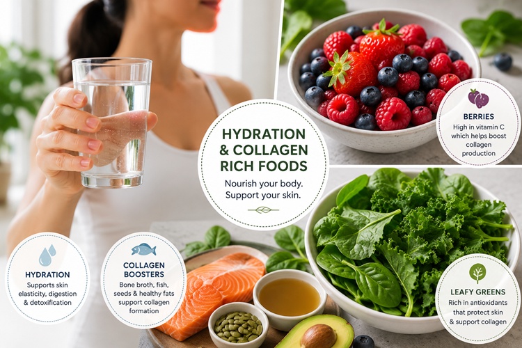 Healthy foods and hydration to support skin elasticity and collagen production