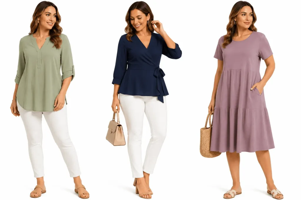 Tunics, wrap tops, and A-line dresses