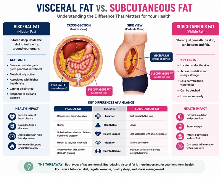 Diagram illustrating the difference between visceral and subcutaneous fat in the abdomen