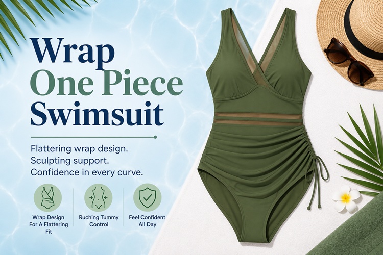 Faux-wrap style one-piece swimsuit designed to create a defined waistline and smooth the midsection
