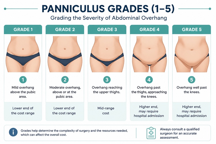 A visual chart showing the five grades of panniculus severity from mild overhang to lower abdominal folds.