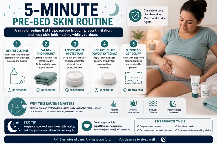 Infographic showing 5-step nightly skin care routine for apron belly fold hygiene and intertrigo prevention