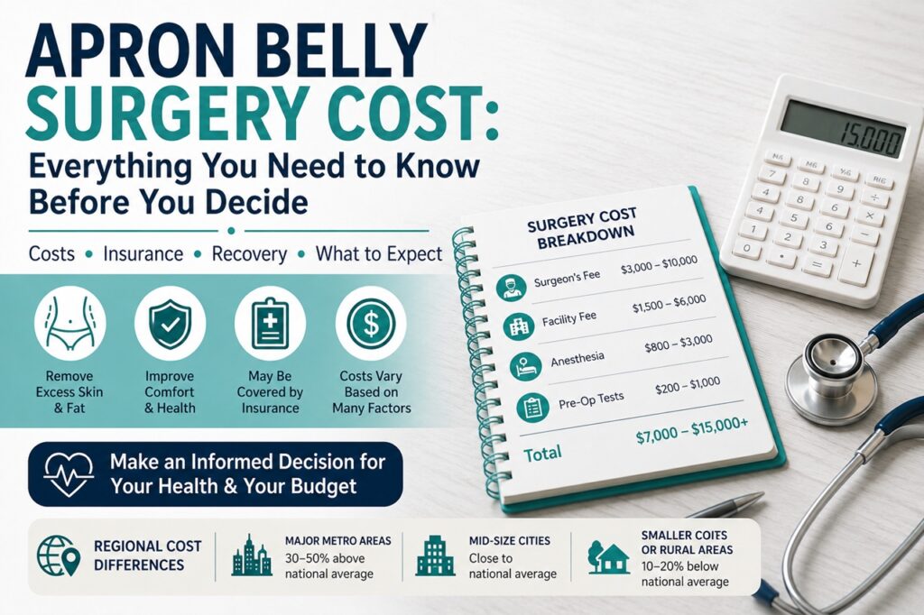 Infographic titled 'Apron Belly Surgery Cost: Everything You Need to Know Before You Decide' featuring a calculator, stethoscope, and surgery cost breakdown with estimated fees, insurance information, recovery details, and regional cost differences for panniculectomy surgery.