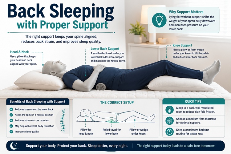 Sleeping on your back with a foam wedge under your knees for lumbar spine support and abdominal relief