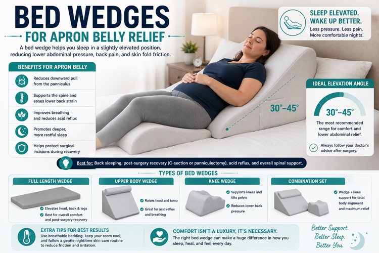 Orthopedic bed wedge pillow used for abdominal weight redistribution and lower back pain relief