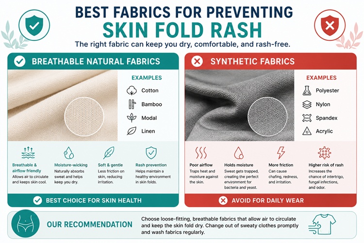 Comparison of breathable cotton fabric versus synthetic materials to prevent apron belly skin fold irritation.