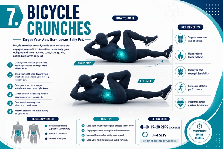 Bicycle crunches for obliques and lower belly