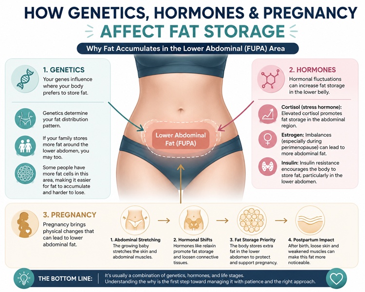 A clear diagram or graphic showing how factors like genetics, hormones, and pregnancy affect fat storage.