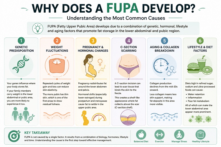 Infographic highlighting common causes of FUPA including genetics and hormonal changes.