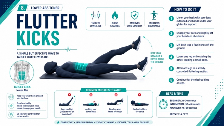 Flutter kicks exercise for deep lower abs