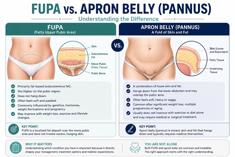 Infographic comparing the anatomical differences between a FUPA and an apron belly.
