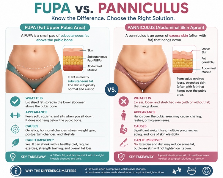 A comparison graphic showing the difference between subcutaneous fat and an abdominal skin apron.