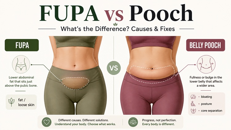 Comparison diagram showing the difference between FUPA and lower belly pooch