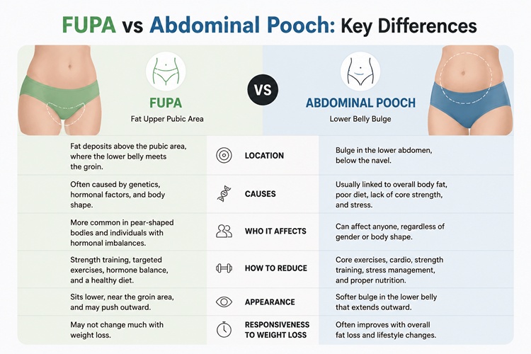 Table illustration highlighting key differences between FUPA and abdominal pooch