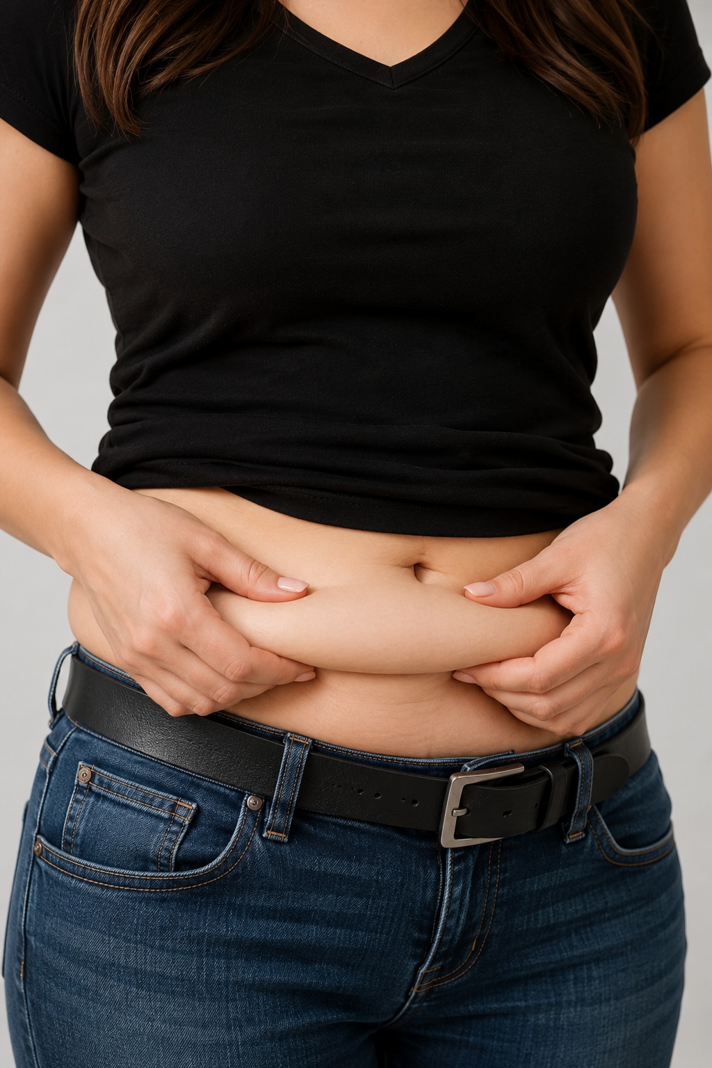 Woman holding her lower abdominal apron belly to show excess abdominal skin and fat