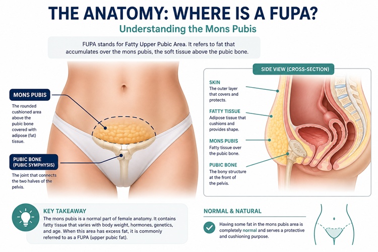 Anatomical diagram showing the location of the mons pubis and pelvic bone.
