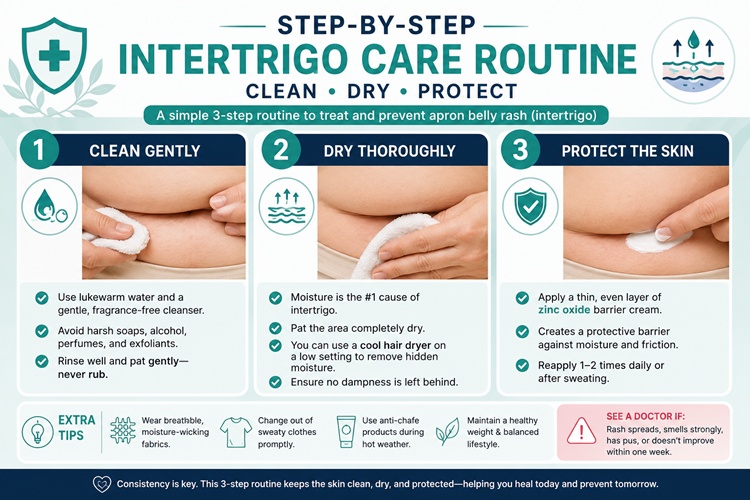 Infographic showing three steps for treating intertrigo: clean skin gently, dry thoroughly, and apply zinc oxide barrier.