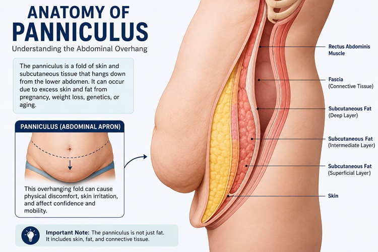A visual image showing the panniculus severity from mild overhang to lower abdominal folds.