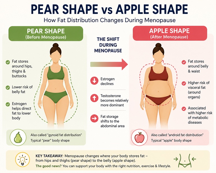 nfographic showing how fat distribution changes from pear shape to apple shape during menopause.