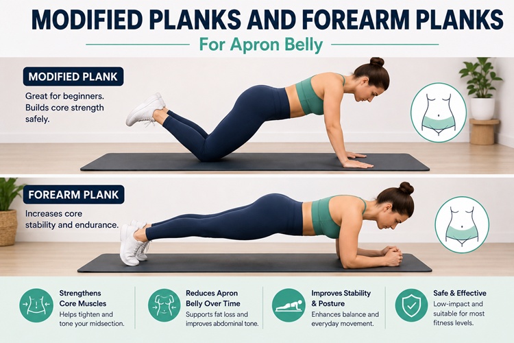 Modified planks and forearm planks exercise for strengthening the core and supporting apron belly management