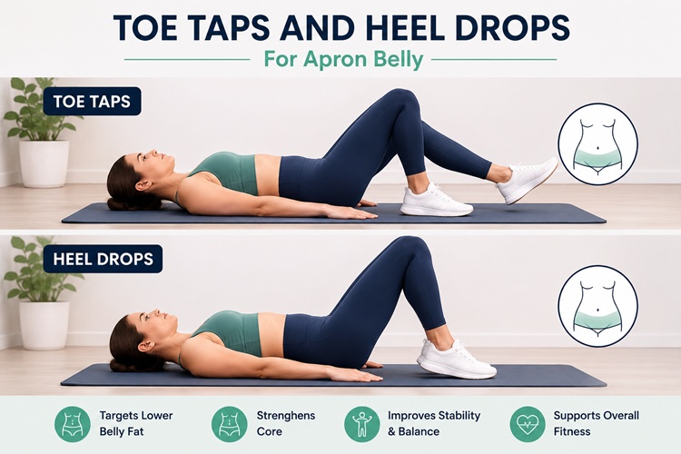 Toe taps and heel drops exercise for strengthening the core and supporting apron belly management