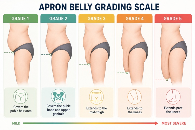 Chart illustrating the apron belly classification scale from mild Grade 1 to severe Grade 5