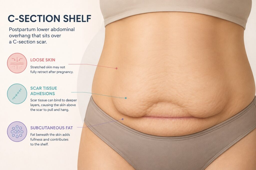 Postpartum apron belly hanging over a c-section scar, showing a typical lower abdominal skin shelf