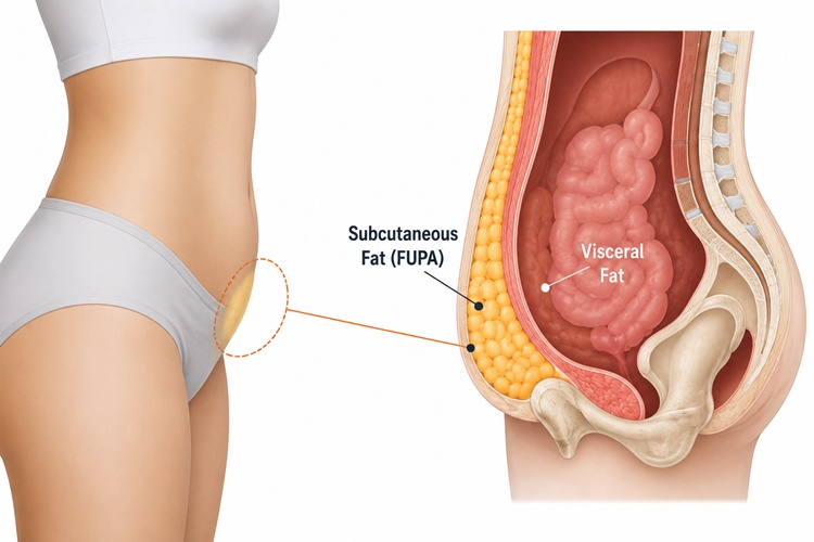 Anatomy of a FUPA showing subcutaneous fat above the pubic bone