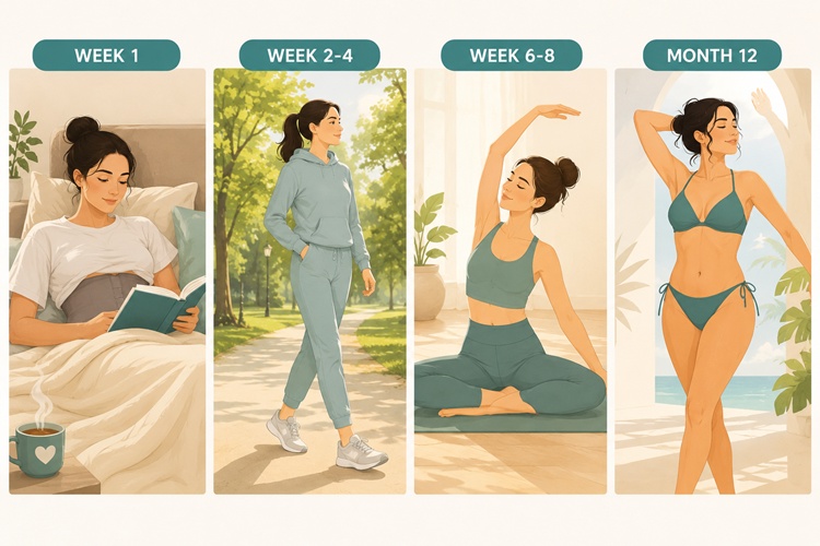 Patient recovering from abdominal surgery with compression garment