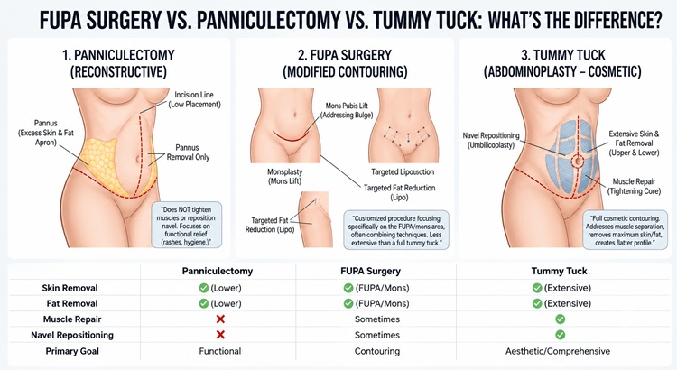 A comparison infographic showing the surgical differences between Panniculectomy, FUPA Surgery, and Tummy Tuck, illustrating incision lines, muscle repair, and primary goals for each procedure.