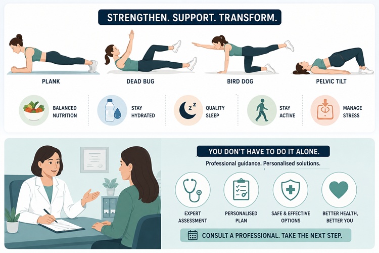 Trainer performing core strengthening exercises for lower belly fat management