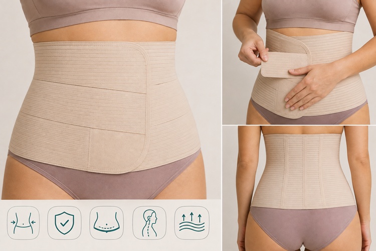 Supportive postpartum compression garment worn for comfort during c-section recovery.