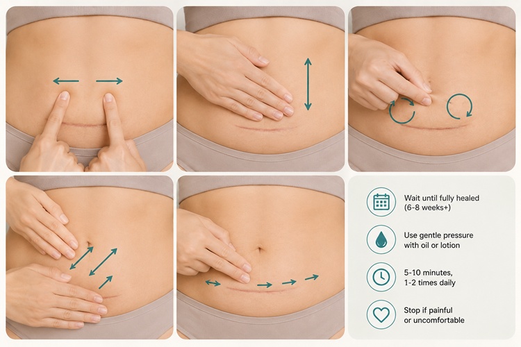 Demonstrating safe postpartum scar massage and mobilization techniques around a c-section incision.