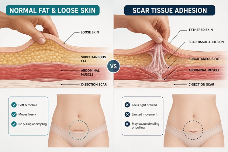 Diagram highlighting the difference between subcutaneous fat, loose skin, and a c-section scar tissue adhesion.