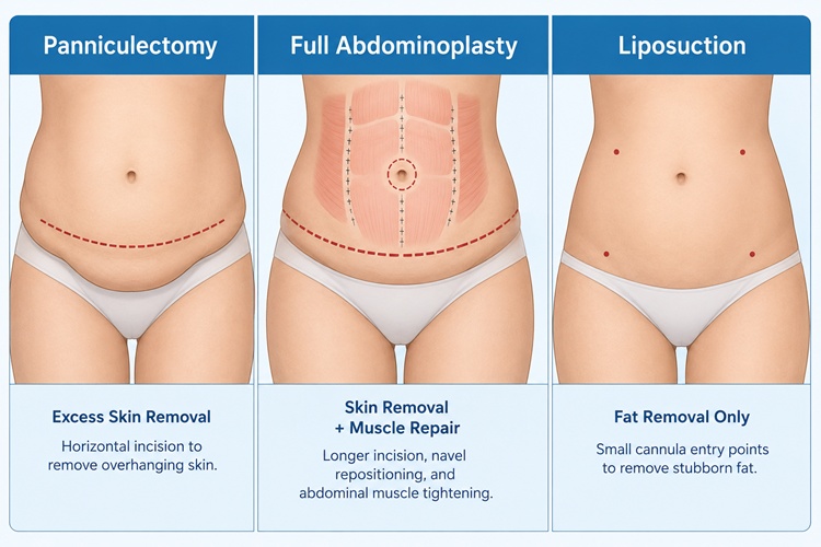 Comparison chart of FUPA surgery, panniculectomy, and tummy tuck